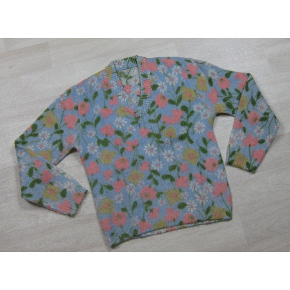 Vintage 60s Wool Groovy Floral Sweater Womens (M) V Neck Hippy Whimsical - Picture 2 of 10
